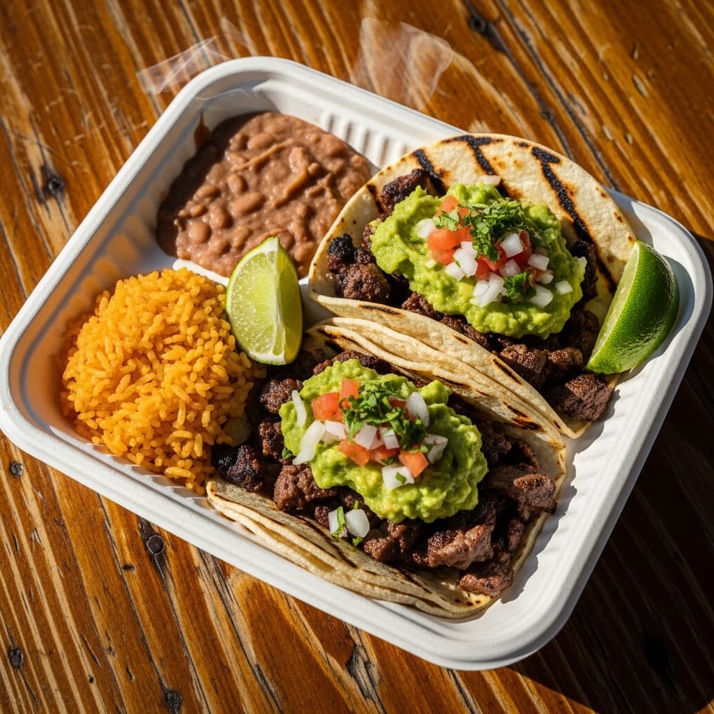 Carne asada tacos with guacamole, rice, and beans