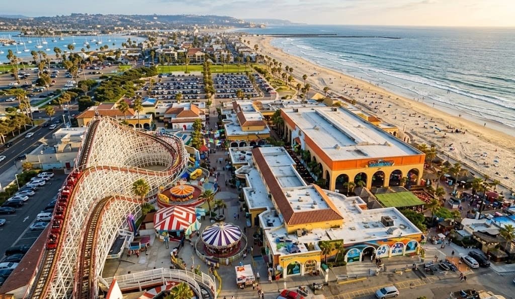 Aerial view of Mission Beach and Belmont Park boardwalk