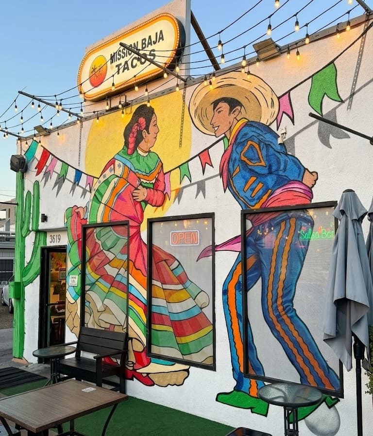 Restaurant exterior mural with traditional Mexican dancers and string lights